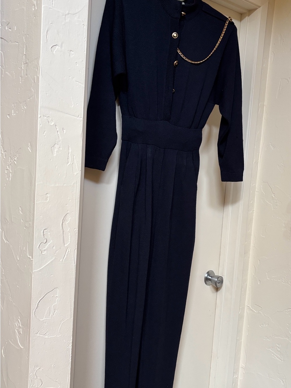 St. John Navy Long-Sleeve Jumpsuit with Gold Chain Accent